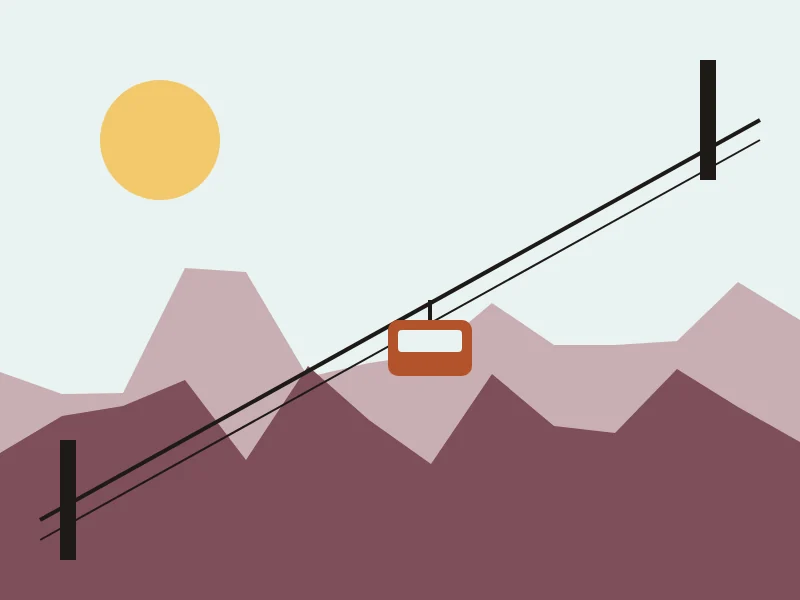 Illustration: an aerial tram car crossing a mountain ridge