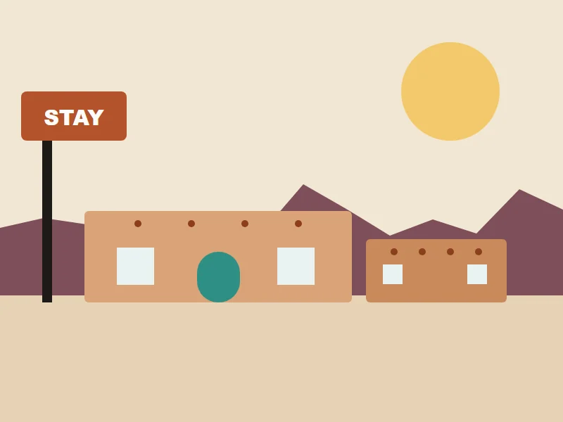 Illustration: an adobe inn with a roadside sign
