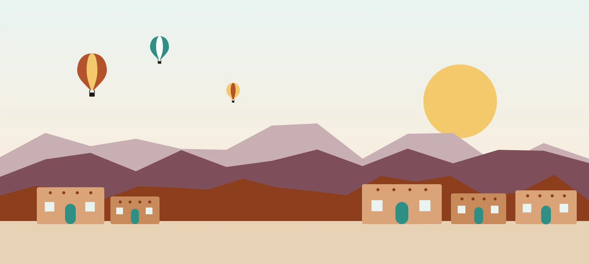Illustration: sunrise over the Sandia Mountains with hot-air balloons above an adobe skyline