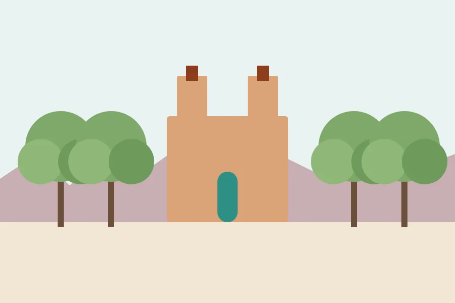 Illustration: the Old Town plaza with church towers and cottonwoods
