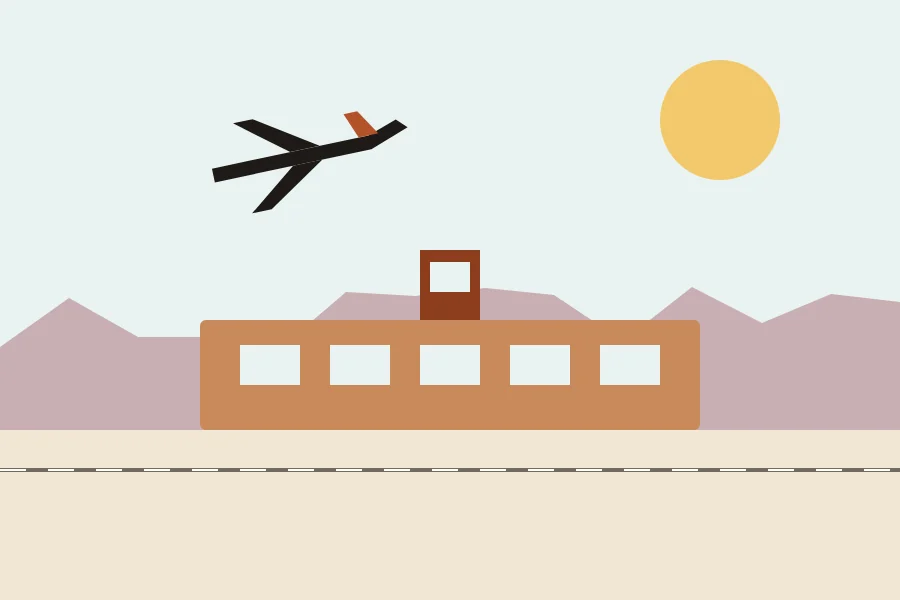 Illustration: an airliner over the Sunport terminal with the Sandias behind
