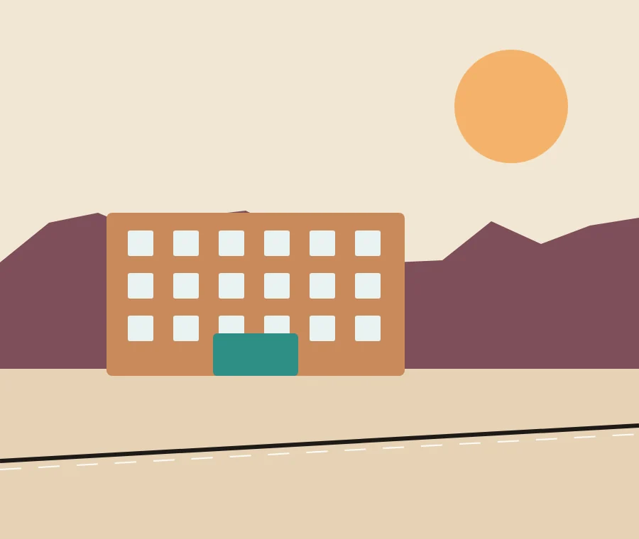 Illustration: a hotel beside the interstate at dusk